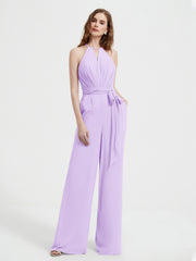 Jumpsuit Plissé Sans Manches à Encolure Licou avec Ceinture Lilas