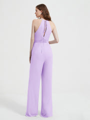 Jumpsuit Plissé Sans Manches à Encolure Licou avec Ceinture Lilas