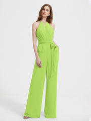 Jumpsuit Plissé Sans Manches à Encolure Licou avec Ceinture Vert Citron