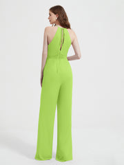Jumpsuit Plissé Sans Manches à Encolure Licou avec Ceinture Vert Citron