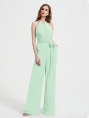 Jumpsuit Plissé Sans Manches à Encolure Licou avec Ceinture Vert Menthe Grande Taille