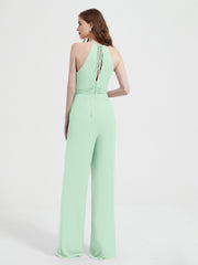 Jumpsuit Plissé Sans Manches à Encolure Licou avec Ceinture Vert Menthe
