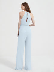 Jumpsuit Plissé Sans Manches à Encolure Licou avec Ceinture Brume