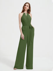 Jumpsuit Plissé Sans Manches à Encolure Licou avec Ceinture Mousse Grande Taille