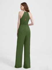 Jumpsuit Plissé Sans Manches à Encolure Licou avec Ceinture Mousse