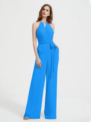 Jumpsuit Plissé Sans Manches à Encolure Licou avec Ceinture Bleu Océan
