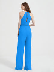 Jumpsuit Plissé Sans Manches à Encolure Licou avec Ceinture Bleu Océan