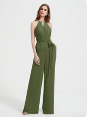 Jumpsuit Plissé Sans Manches à Encolure Licou avec Ceinture Olive Verte