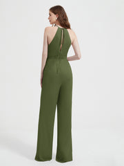 Jumpsuit Plissé Sans Manches à Encolure Licou avec Ceinture Olive Verte