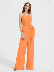 Jumpsuit Plissé Sans Manches à Encolure Licou avec Ceinture Orange Grande Taille