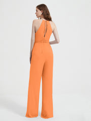 Jumpsuit Plissé Sans Manches à Encolure Licou avec Ceinture Orange