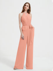 Jumpsuit Plissé Sans Manches à Encolure Licou avec Ceinture Papaye