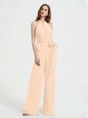 Jumpsuit Plissé Sans Manches à Encolure Licou avec Ceinture Pêche