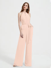 Jumpsuit Plissé Sans Manches à Encolure Licou avec Ceinture Rose Perle