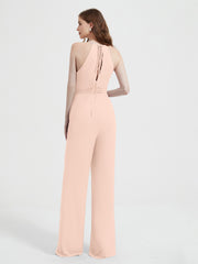 Jumpsuit Plissé Sans Manches à Encolure Licou avec Ceinture Rose Perle Grande Taille