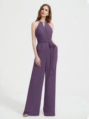 Jumpsuit Plissé Sans Manches à Encolure Licou avec Ceinture Plum Grande Taille
