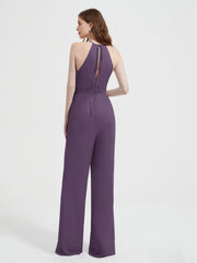 Jumpsuit Plissé Sans Manches à Encolure Licou avec Ceinture Plum