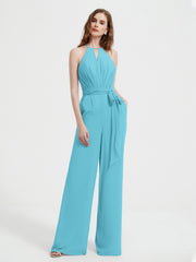 Jumpsuit Plissé Sans Manches à Encolure Licou avec Ceinture Piscine