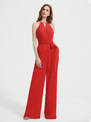 Jumpsuit Plissé Sans Manches à Encolure Licou avec Ceinture Rouge Grande Taille