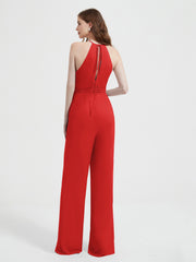 Jumpsuit Plissé Sans Manches à Encolure Licou avec Ceinture Rouge Grande Taille