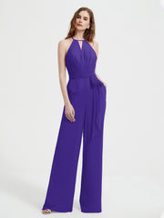 Jumpsuit Plissé Sans Manches à Encolure Licou avec Ceinture Régence Grande Taille