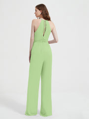 Jumpsuit Plissé Sans Manches à Encolure Licou avec Ceinture Sauge Grande Taille