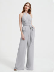 Jumpsuit Plissé Sans Manches à Encolure Licou avec Ceinture Argent