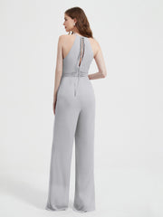 Jumpsuit Plissé Sans Manches à Encolure Licou avec Ceinture Argent