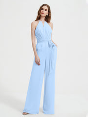 Jumpsuit Plissé Sans Manches à Encolure Licou avec Ceinture Bleu Ciel Grande Taille