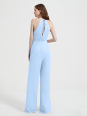 Jumpsuit Plissé Sans Manches à Encolure Licou avec Ceinture Bleu Ciel Grande Taille