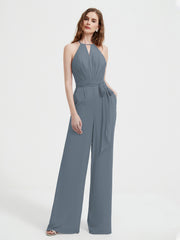 Jumpsuit Plissé Sans Manches à Encolure Licou avec Ceinture Bleu de Schiste Grande Taille