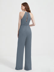 Jumpsuit Plissé Sans Manches à Encolure Licou avec Ceinture Bleu de Schiste Grande Taille