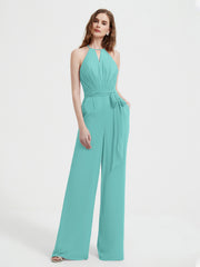Jumpsuit Plissé Sans Manches à Encolure Licou avec Ceinture Spa
