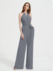 Jumpsuit Plissé Sans Manches à Encolure Licou avec Ceinture Gris Acier Grande Taille