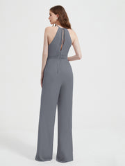 Jumpsuit Plissé Sans Manches à Encolure Licou avec Ceinture Gris Acier