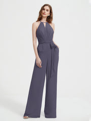 Jumpsuit Plissé Sans Manches à Encolure Licou avec Ceinture Orageux Grande Taille