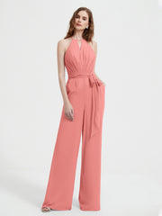 Jumpsuit Plissé Sans Manches à Encolure Licou avec Ceinture Sunset
