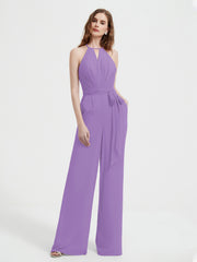Jumpsuit Plissé Sans Manches à Encolure Licou avec Ceinture Tahiti