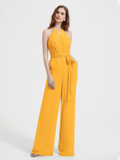 Jumpsuit Plissé Sans Manches à Encolure Licou avec Ceinture Mandarine