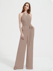 Jumpsuit Plissé Sans Manches à Encolure Licou avec Ceinture Taupe
