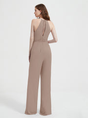Jumpsuit Plissé Sans Manches à Encolure Licou avec Ceinture Taupe Grande Taille