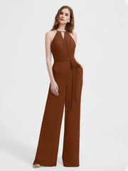 Jumpsuit Plissé Sans Manches à Encolure Licou avec Ceinture Terracotta