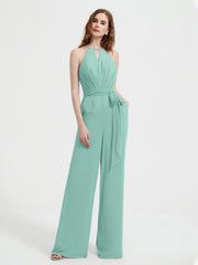 Jumpsuit Plissé Sans Manches à Encolure Licou avec Ceinture Turquoise