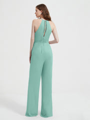 Jumpsuit Plissé Sans Manches à Encolure Licou avec Ceinture Turquoise