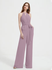 Jumpsuit Plissé Sans Manches à Encolure Licou avec Ceinture Vintage Mauve Grande Taille