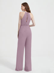 Jumpsuit Plissé Sans Manches à Encolure Licou avec Ceinture Vintage Mauve Grande Taille