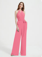 Jumpsuit Plissé Sans Manches à Encolure Licou avec Ceinture Pastèque