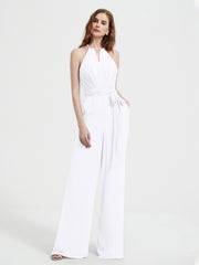 Jumpsuit Plissé Sans Manches à Encolure Licou avec Ceinture Blanc