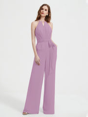 Jumpsuit Plissé Sans Manches à Encolure Licou avec Ceinture Glycine