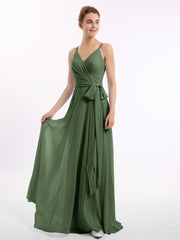 Spaghetti Bretelle Mousseline Robes Avec Ceinture Nœud Olive Verte Grande Taille